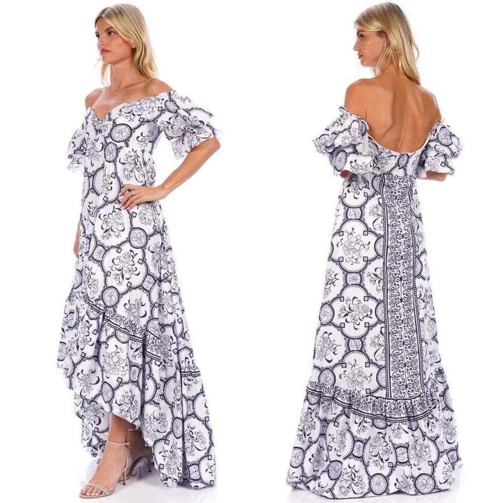 Andres Otalora Raquira Off-Shoulder Floral Tile Maxi Dress Blue White Size 4 - Picture 3 of 12